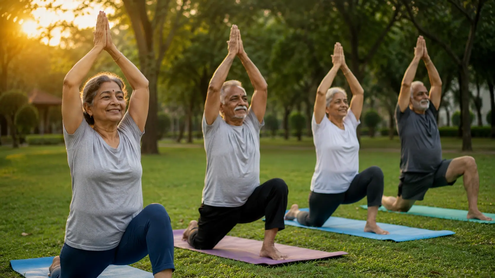 Four older adults aged between 60 and 75 practicing yoga together on mats in a green park at sunrise. Soft golden sunlight filters through trees as they smile naturally, promoting healthy ageing and active wellness.