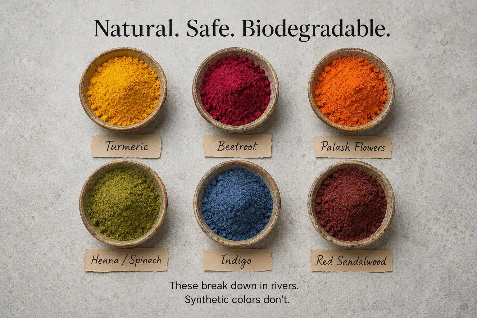 Six bowls of natural Holi color alternatives — turmeric, beetroot, Palash flowers, henna, indigo, and red sandalwood — with labels
