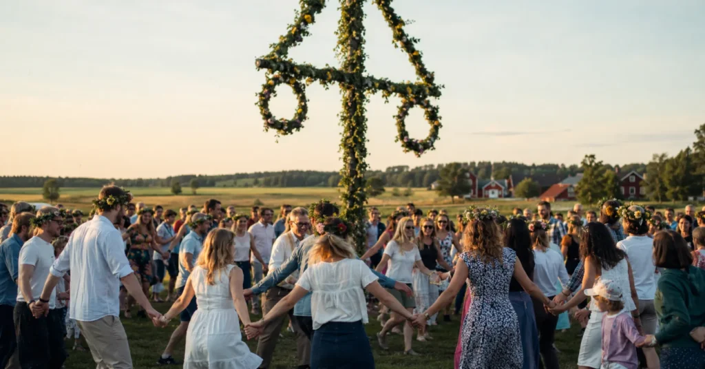 Swedish Midsummer Festival 2026— people dancing around a decorated maypole at golden hour in Dalarna