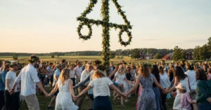 Swedish Midsummer Festival 2026— people dancing around a decorated maypole at golden hour in Dalarna