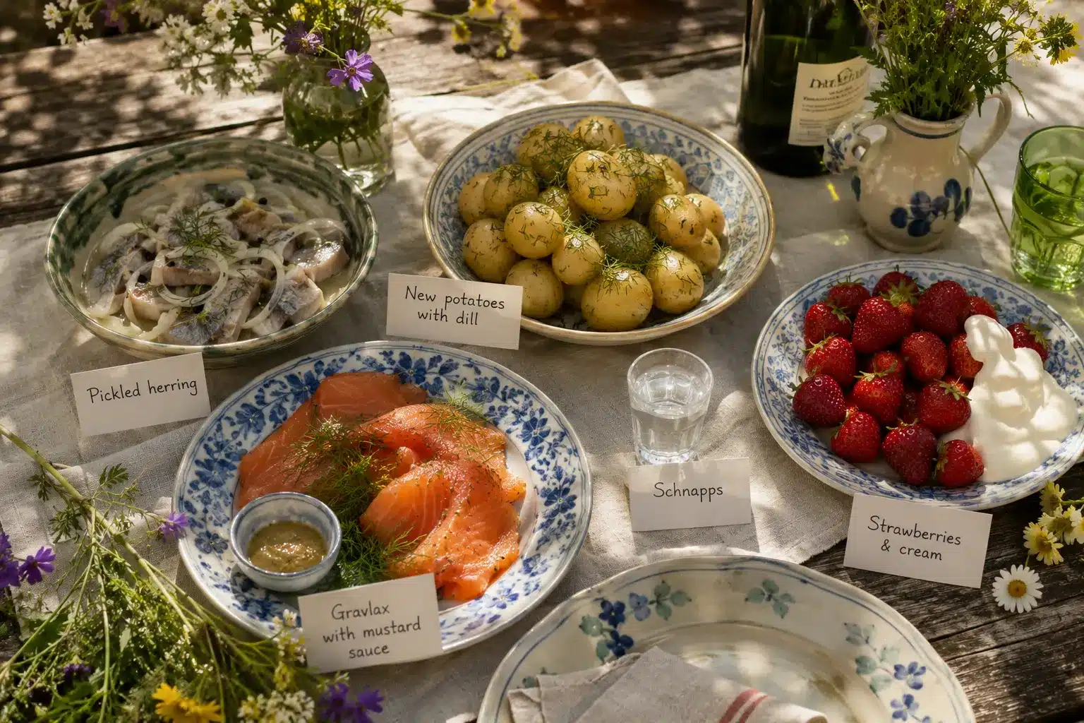 Traditional Swedish Midsummer food spread — pickled herring, new potatoes with dill, gravlax, schnapps and strawberries