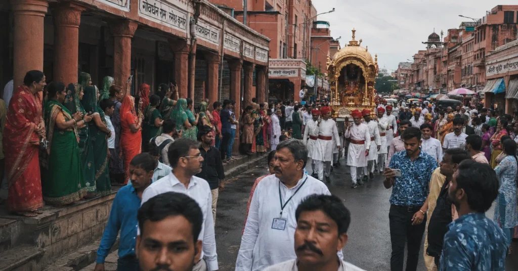 Teej Festival 2026 in Rajasthan procession in Jaipur's old city with women watching from bazaar colonnades