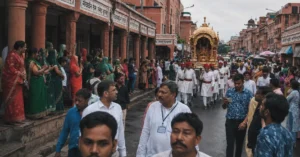 Teej Festival 2026 in Rajasthan procession in Jaipur's old city with women watching from bazaar colonnades