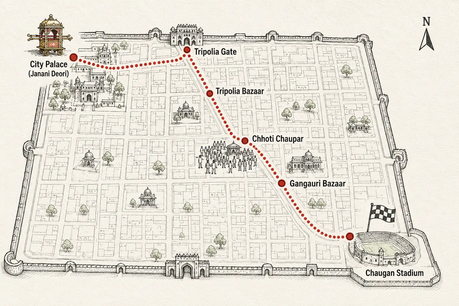 Map showing Teej procession route in Jaipur from City Palace to Chaugan Stadium