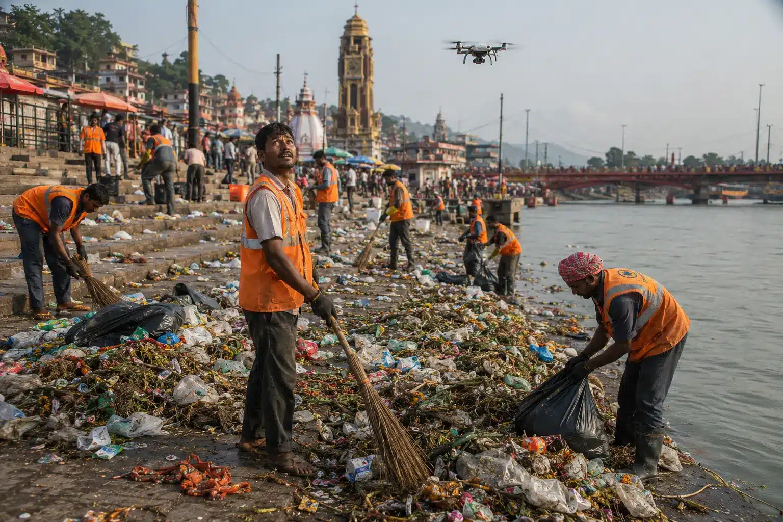 Har Ki Pauri Haridwar ghat at dawn after Kanwar Yatra 2026 ends with traces of waste remaining