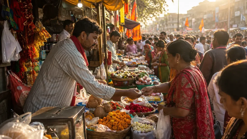 Economic impact of festivals on local communities shown through a vendor and customer exchange at a market stall