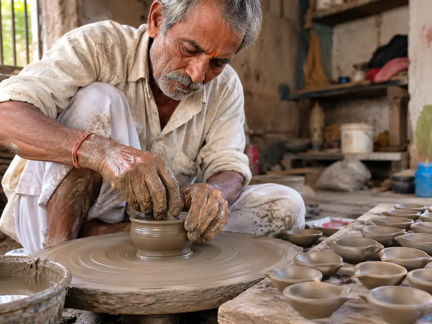 Artisan hand-shaping clay diyas, showing how festival craft economies preserve traditional skills