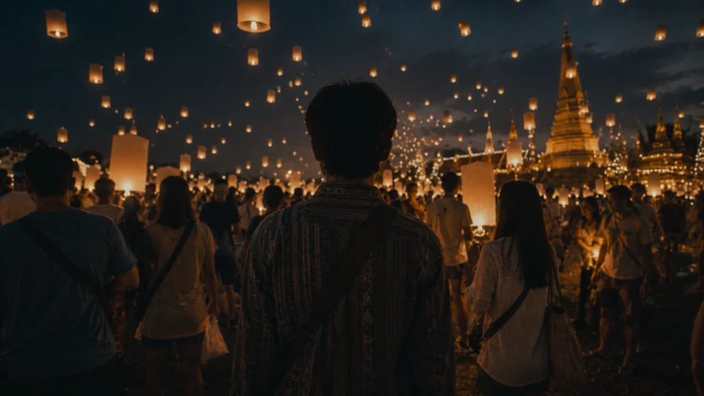 How to travel responsibly during major festivals — traveler quietly observing a lantern festival