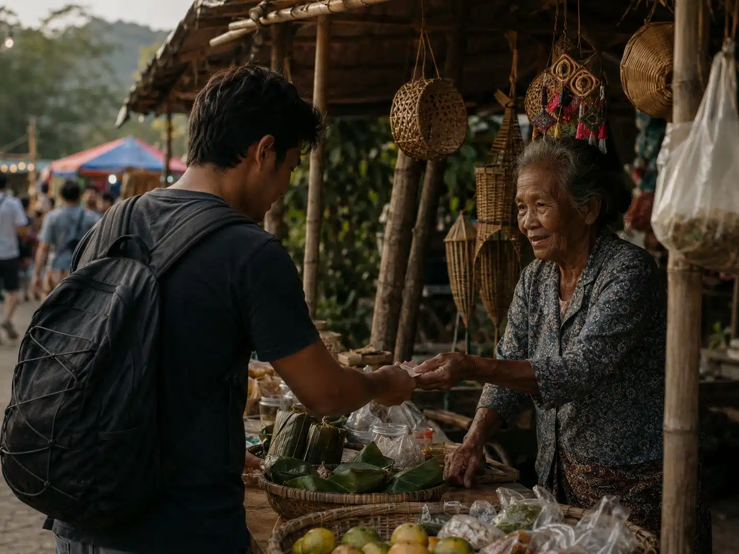 Tourist paying a local vendor directly at a festival stall, supporting the local festival economy