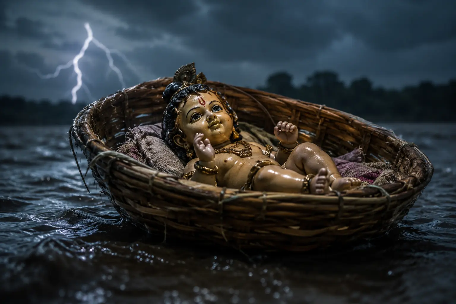 Janmashtami 2026 origin story — infant Krishna idol symbolizing the midnight Yamuna river crossing
