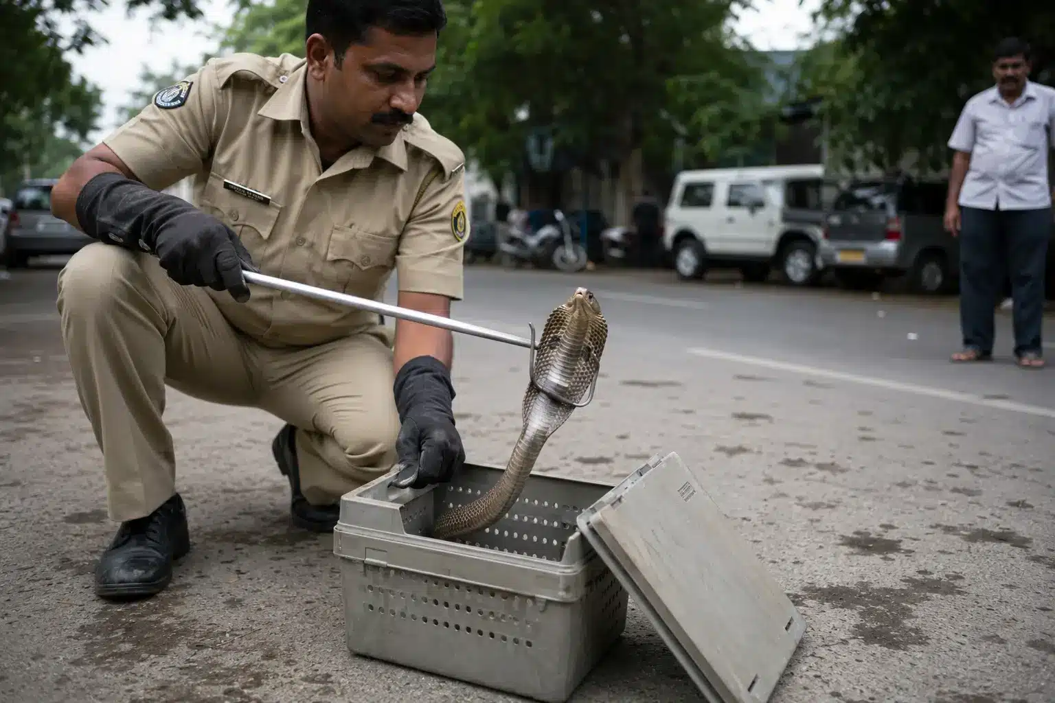 Forest official rescuing cobra ahead of Naag Panchami under wildlife law