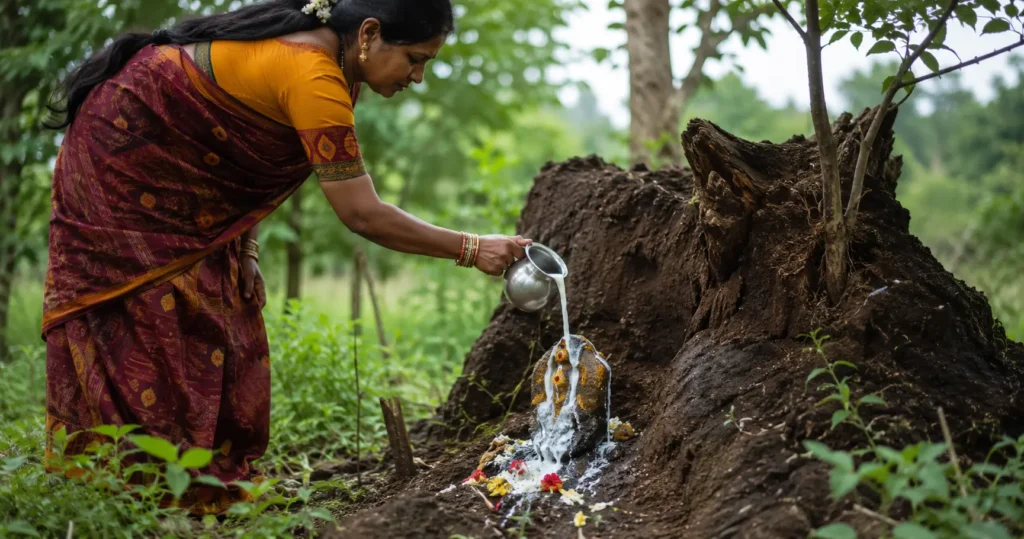 Naag Panchami 2026 milk offering ritual at anthill shrine in India