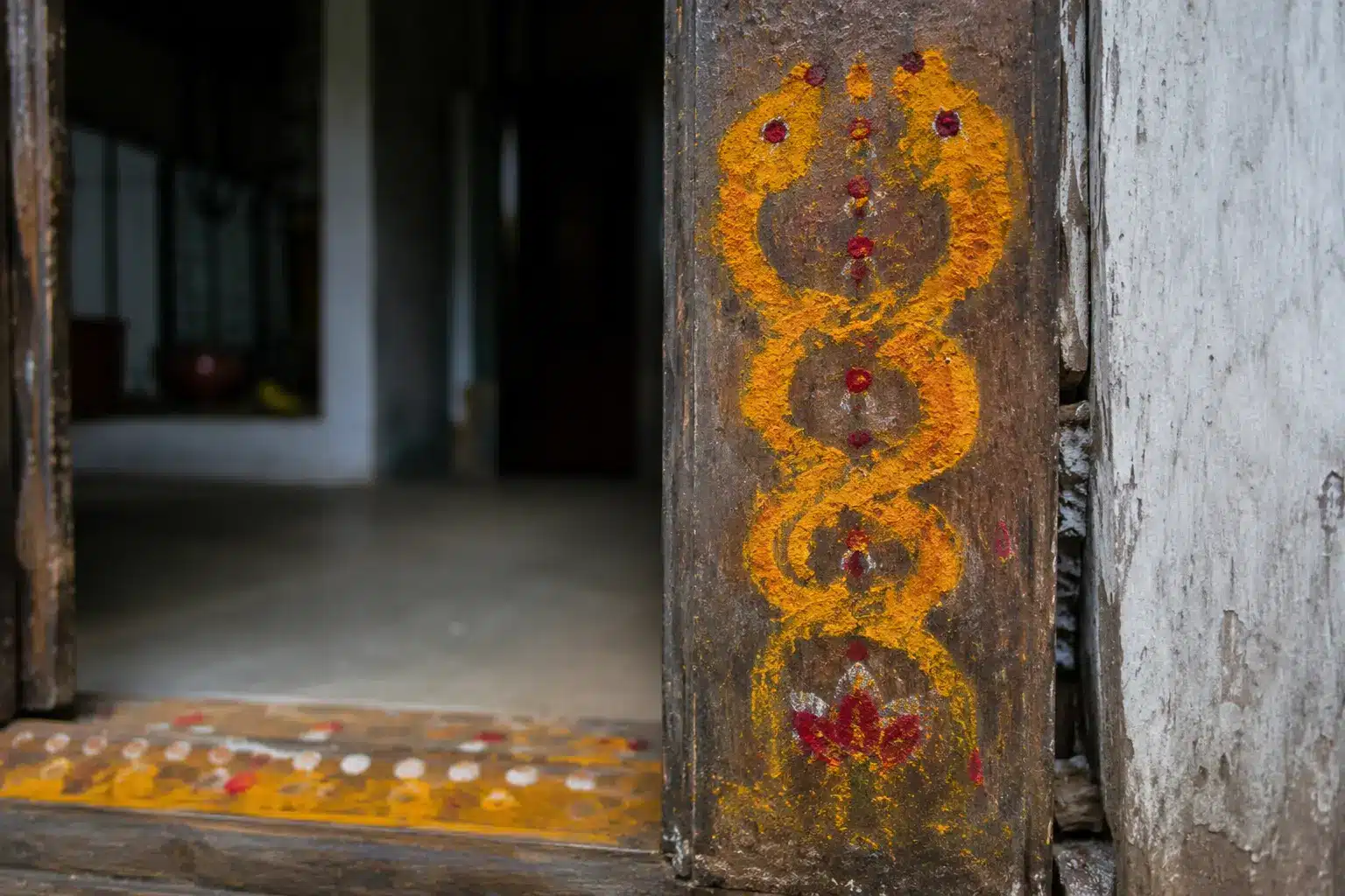 Turmeric snake motif drawn on doorway for Naag Panchami 2026 ritual