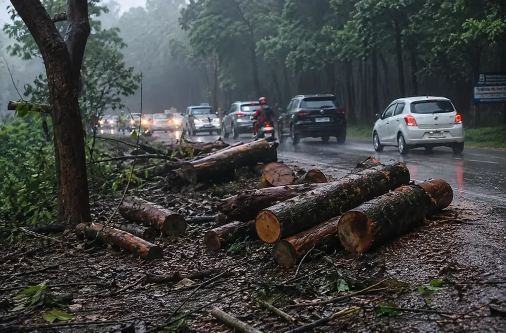 Felled Sal tree logs piled beside the Rishikesh highway as traffic passes during the tree-cutting protests
