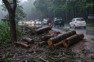 Felled Sal tree logs piled beside the Rishikesh highway as traffic passes during the tree-cutting protests