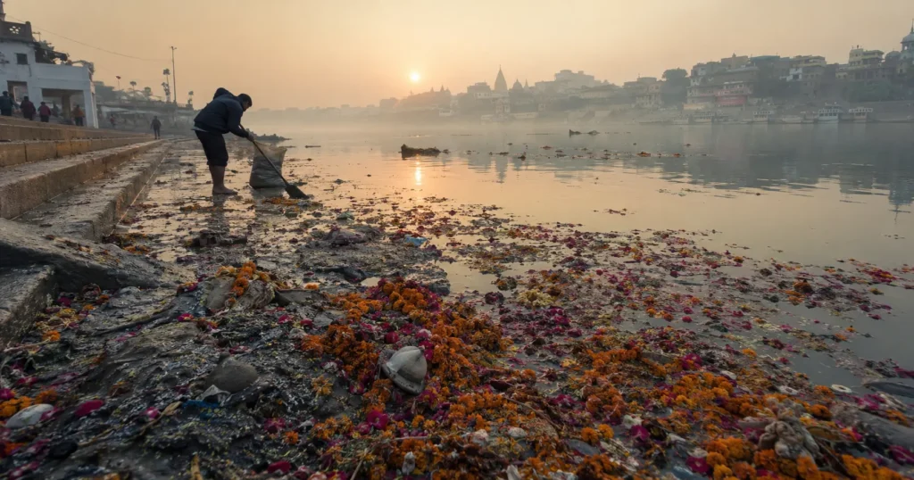 Wilted festival flower waste floating along an Indian river ghat the morning after immersion