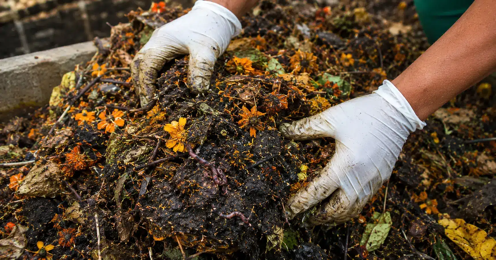 Hands turning marigold flower waste being composted with earthworms in an outdoor compost pile