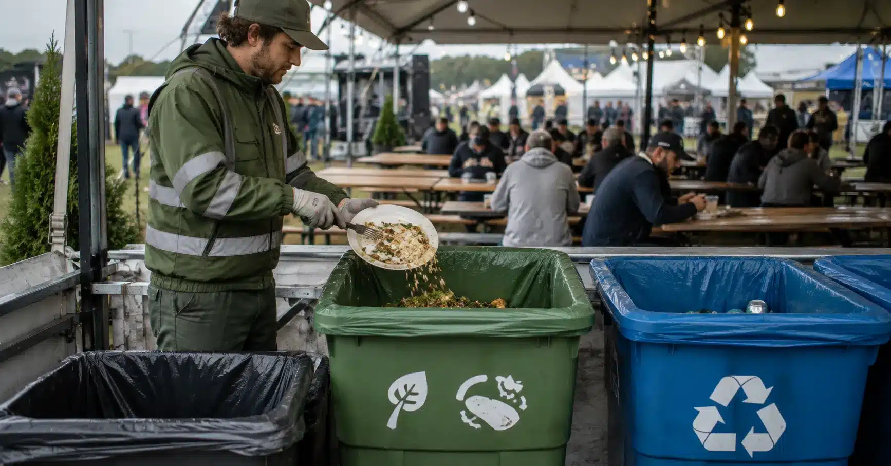 A worker scraping food scraps into a dedicated compost bin at a festival food court