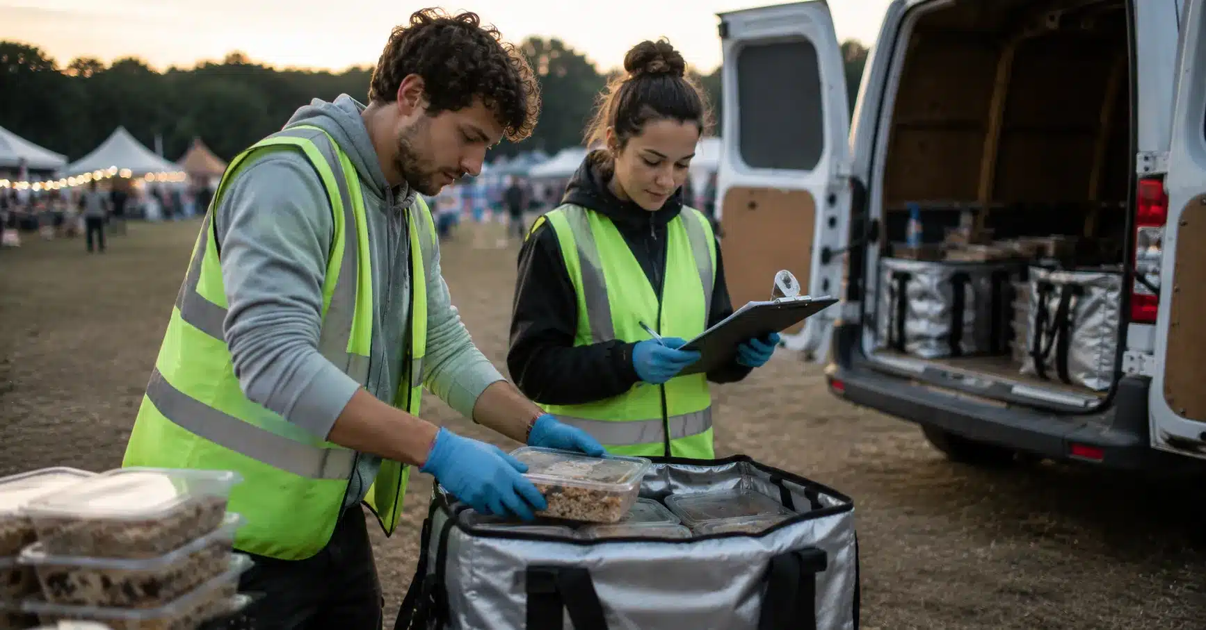 Volunteers packing surplus festival food into containers for donation