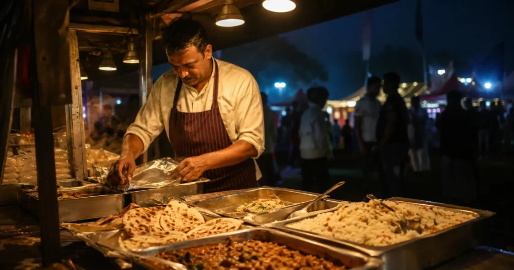 Unsold food trays at a festival stall late at night as a vendor prepares to close