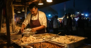 Unsold food trays at a festival stall late at night as a vendor prepares to close