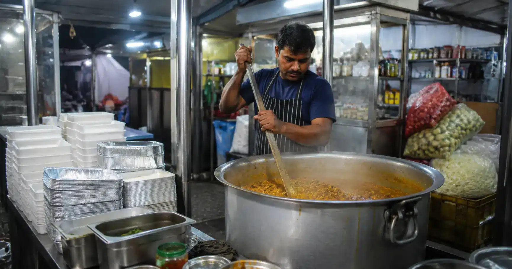 A vendor preparing a large batch of food ahead of a festival opening