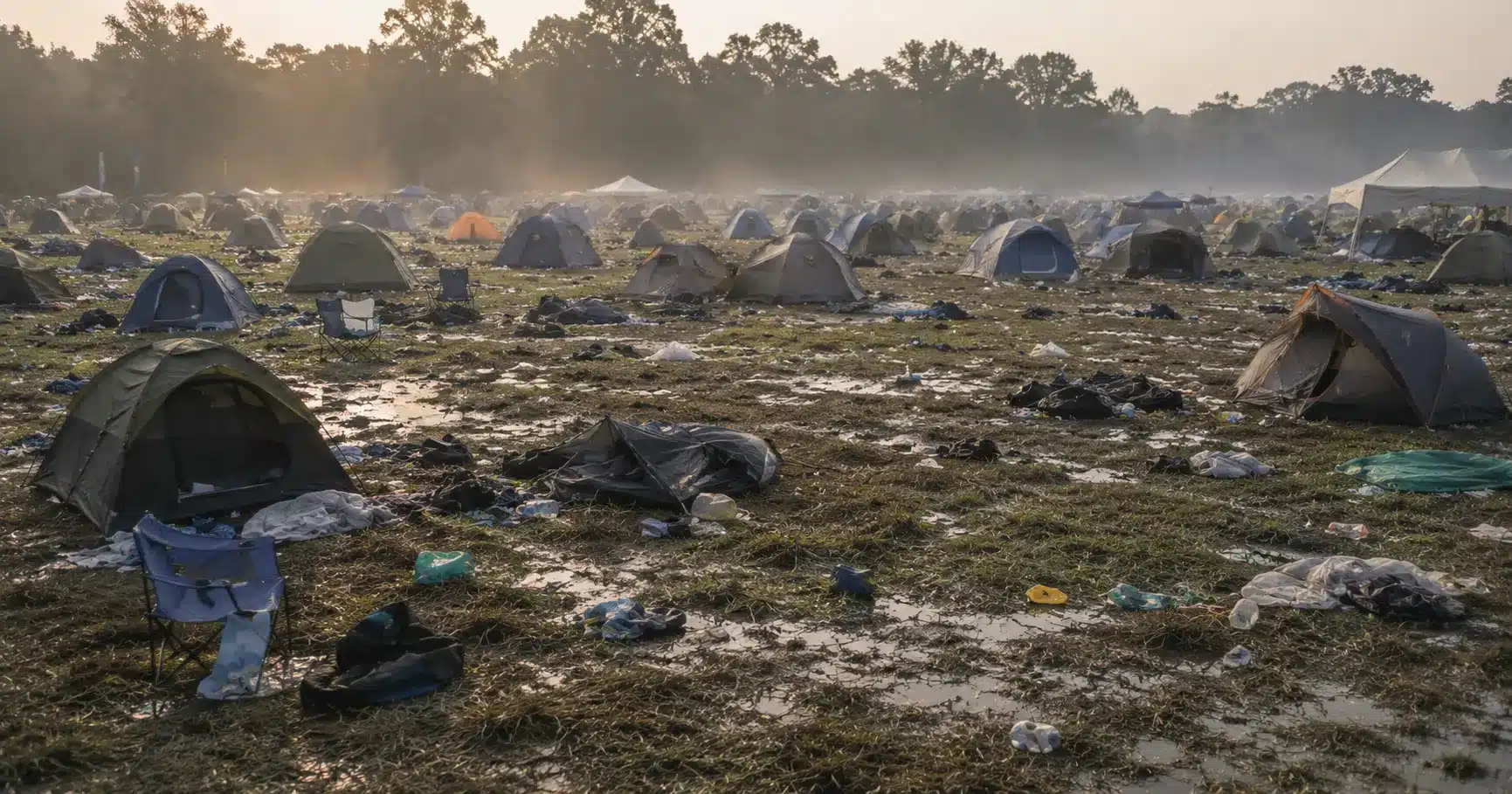 Rows of tents abandoned in a muddy campsite field after a music festival ends