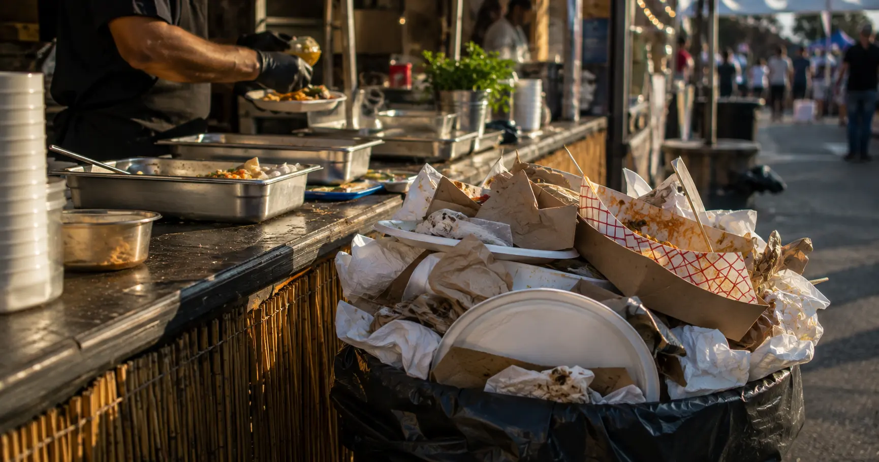 Disposable food packaging overflowing from a bin next to a food festival vendor stall