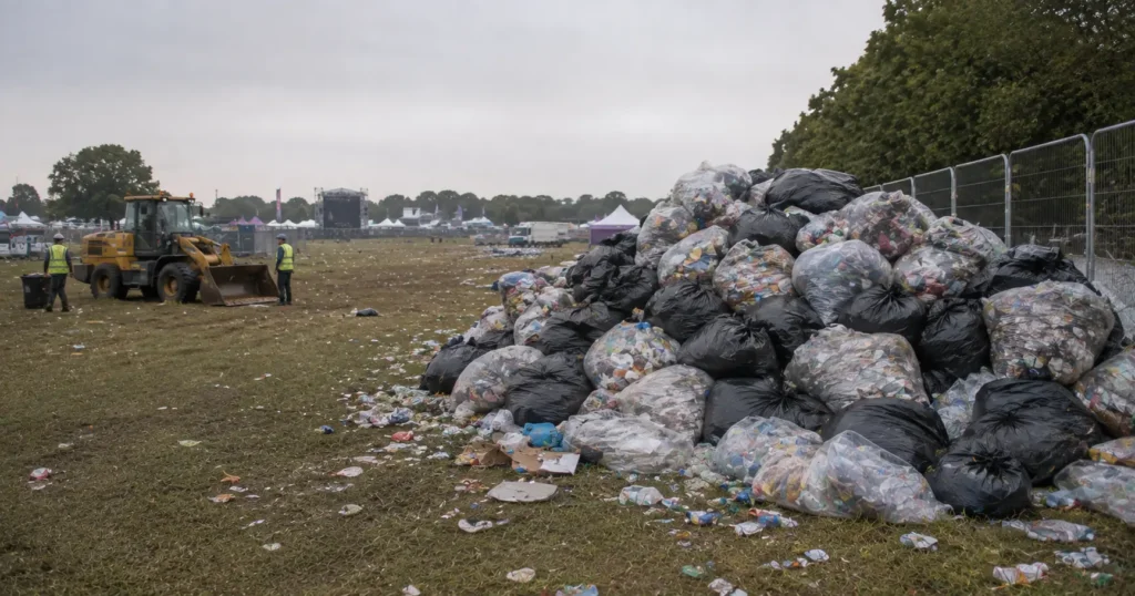 A large pile of bagged waste at a festival ground during the morning cleanup