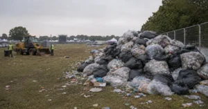 A large pile of bagged waste at a festival ground during the morning cleanup