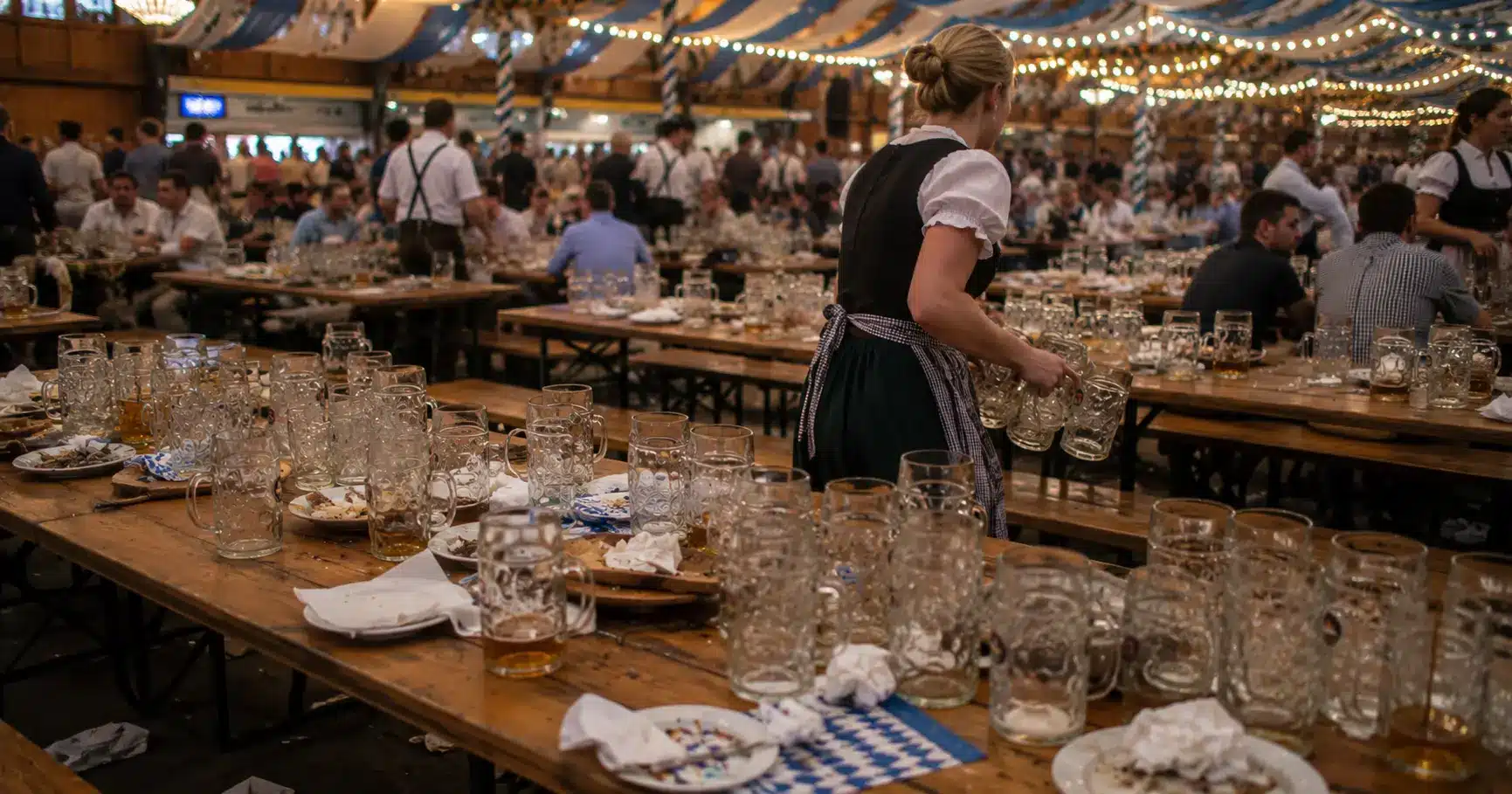 Empty beer steins and plates crowding a communal table inside an Oktoberfest tent