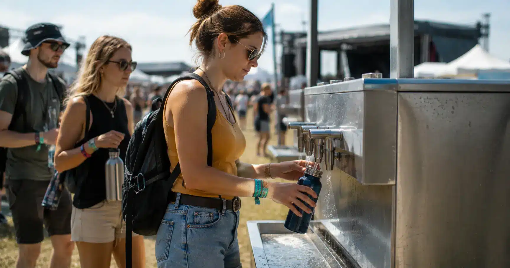 A festival attendee refilling a reusable water bottle at an on-site water station