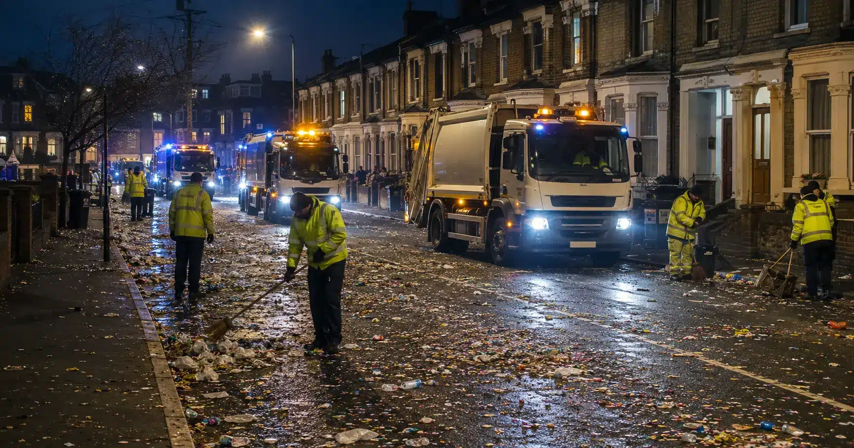 Workers and refuse trucks clearing litter from a residential street after a street festival at night
