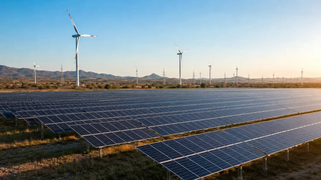 India's renewable energy transition with a large solar power farm and wind turbines