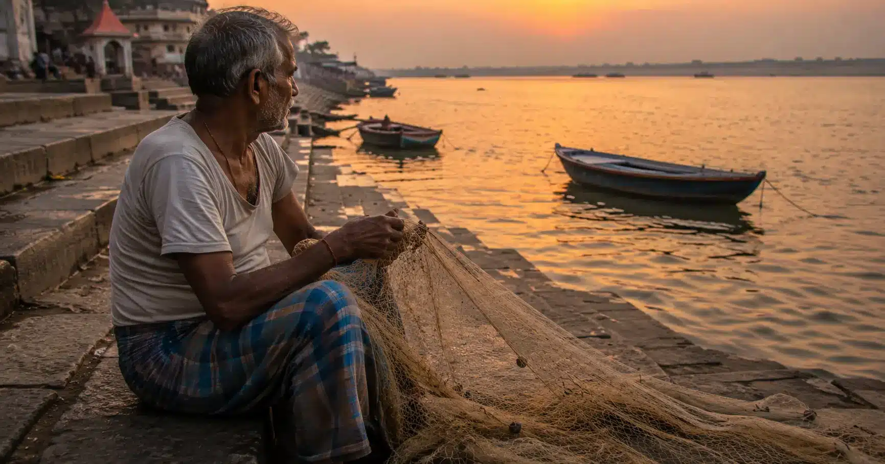 Fisherman with an empty net sitting at a polluted river ghat at dusk