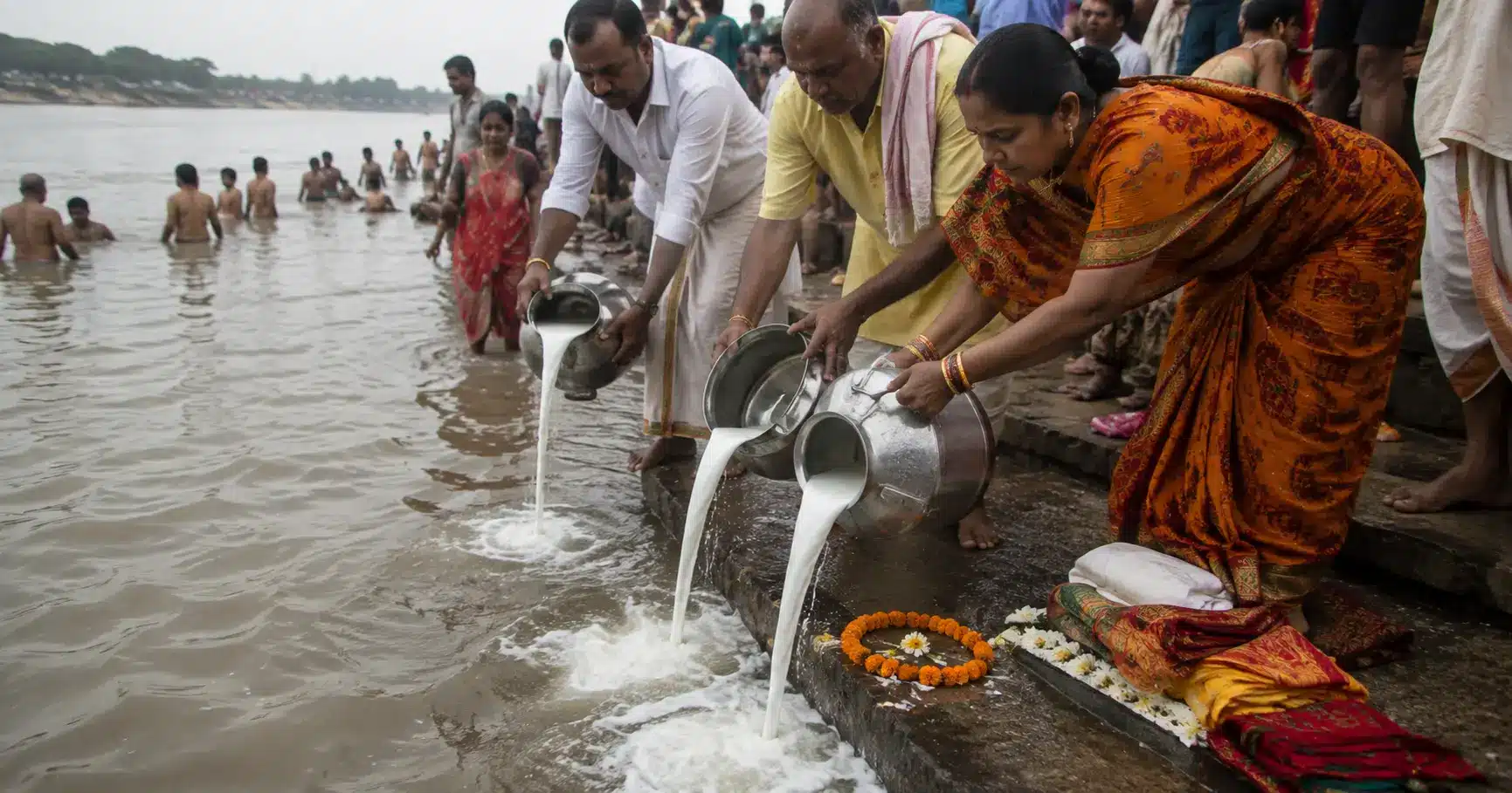 Devotees pouring milk into a river as part of a religious offering ritual