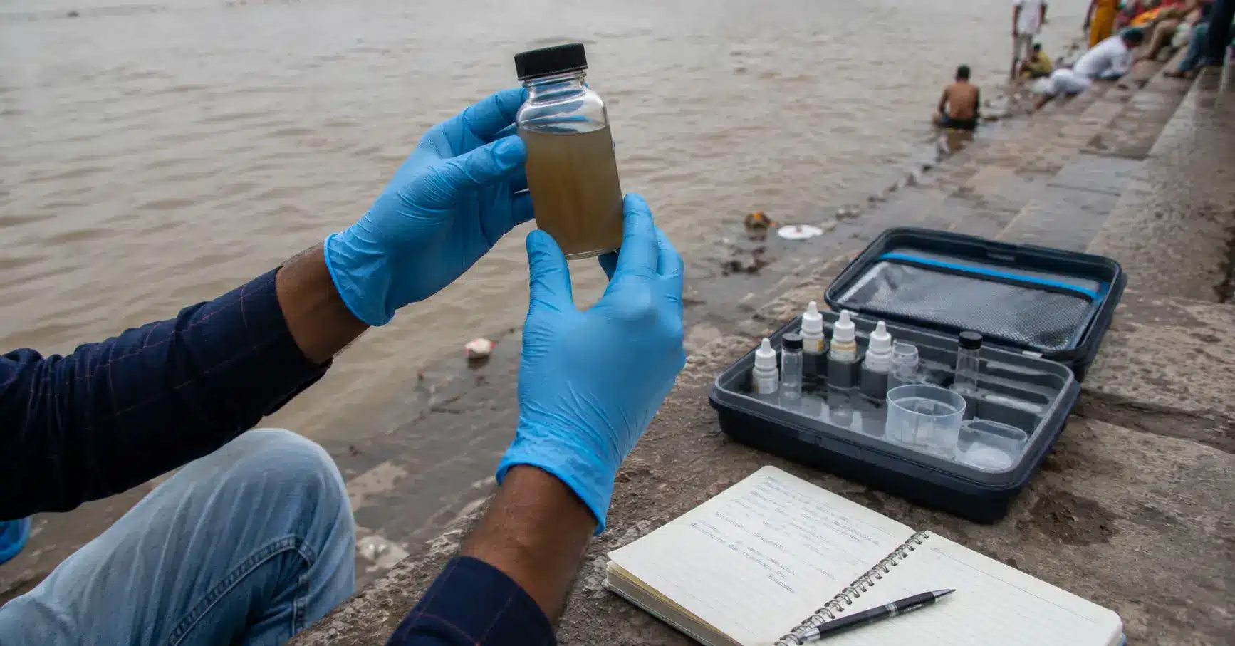 Researcher collecting a river water sample for quality testing near a festival ghat
