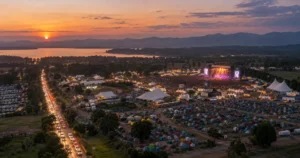 carbon footprint of festivals : Aerial view of a festival at dusk showing traffic, campsite, and stage together
