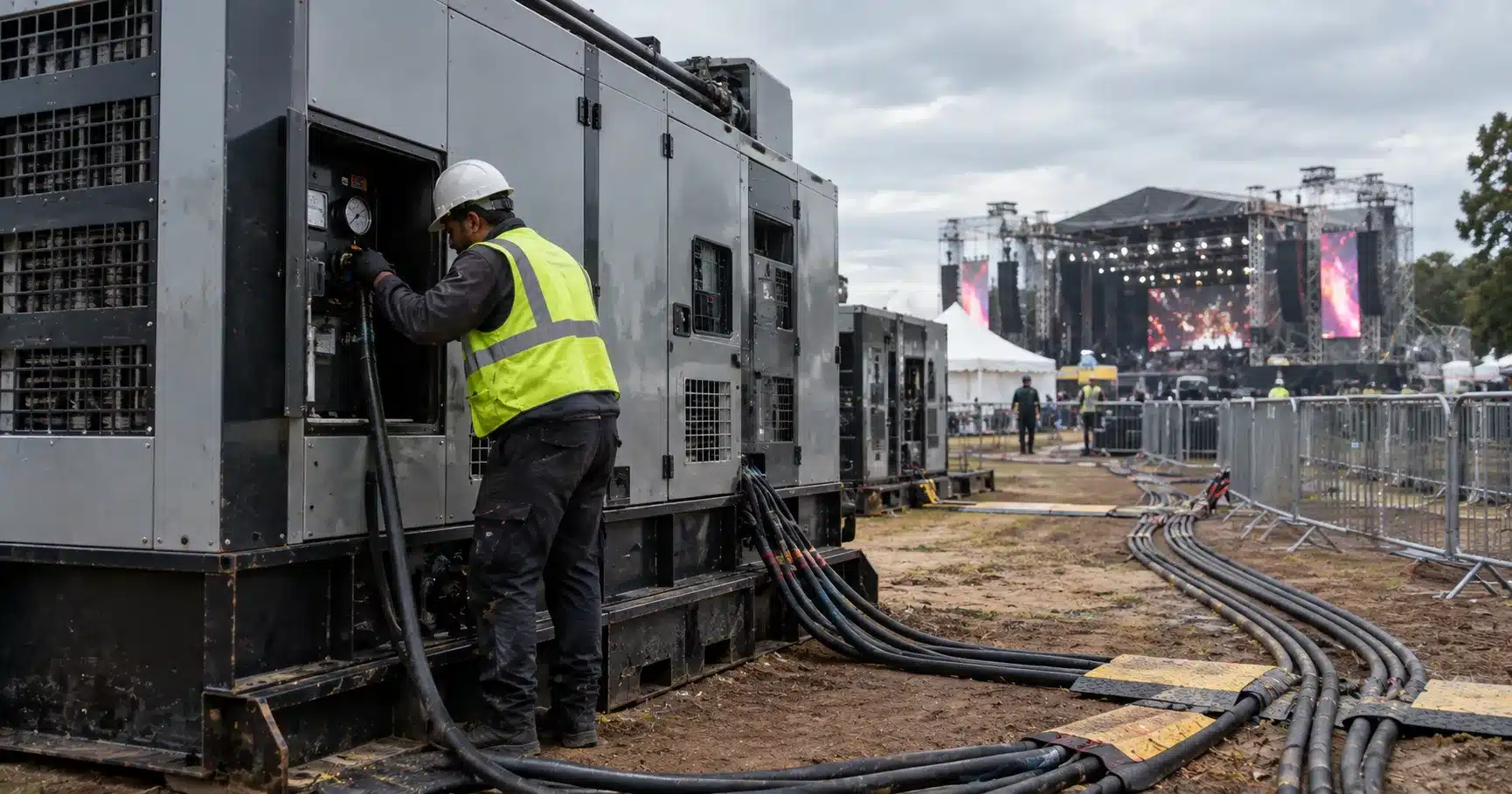 A technician checking a generator unit powering a festival site