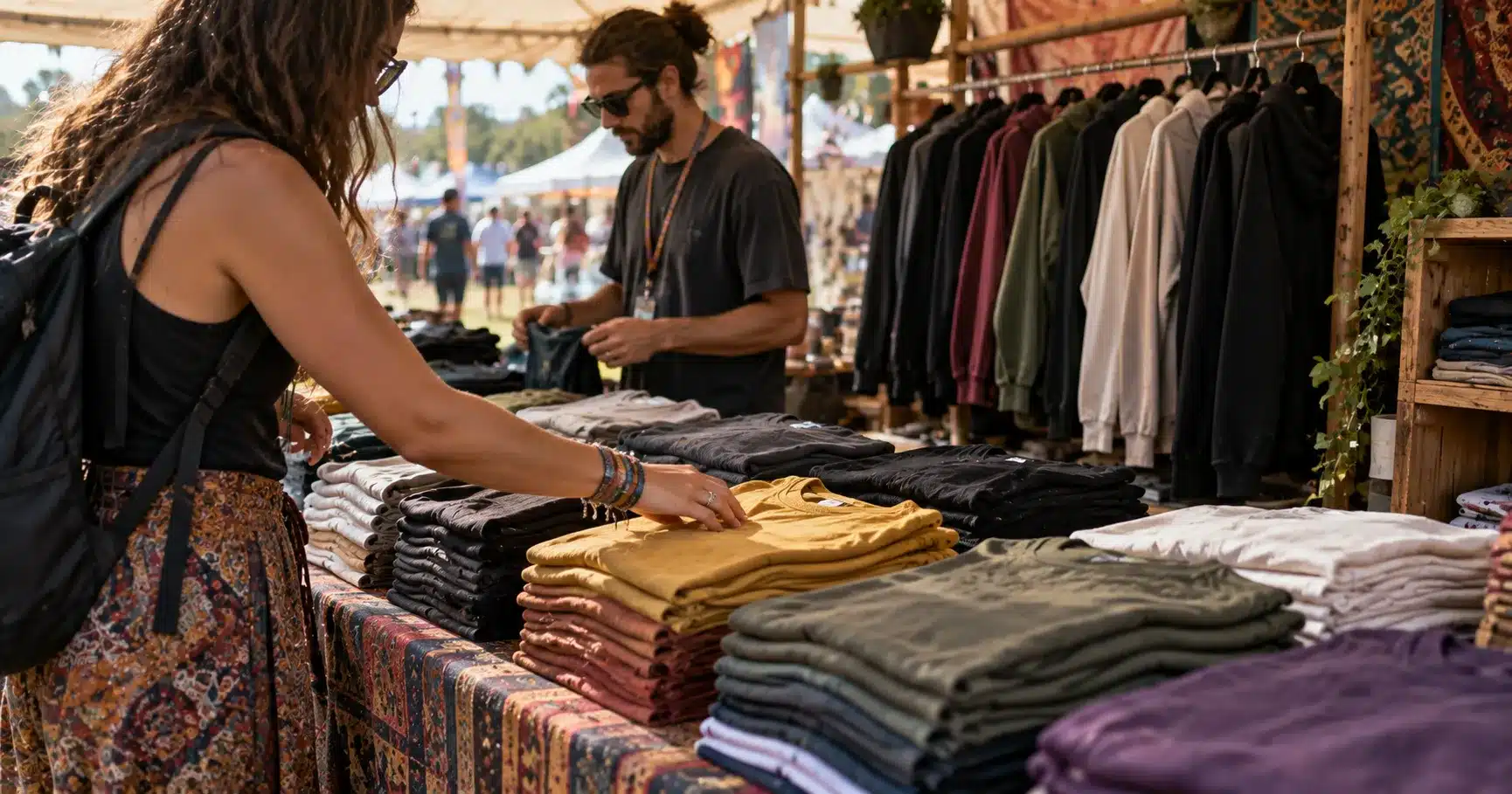 Stacks of folded t-shirts displayed at a festival merchandise stall