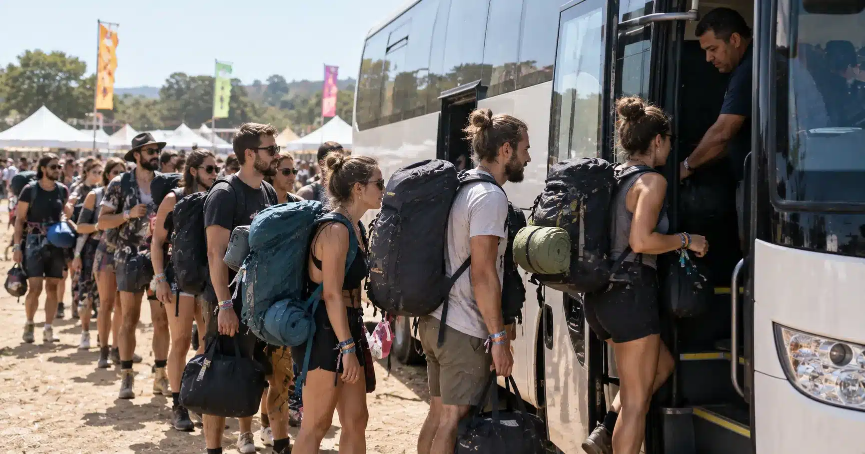 Festival-goers boarding a shuttle bus at a designated pickup point
