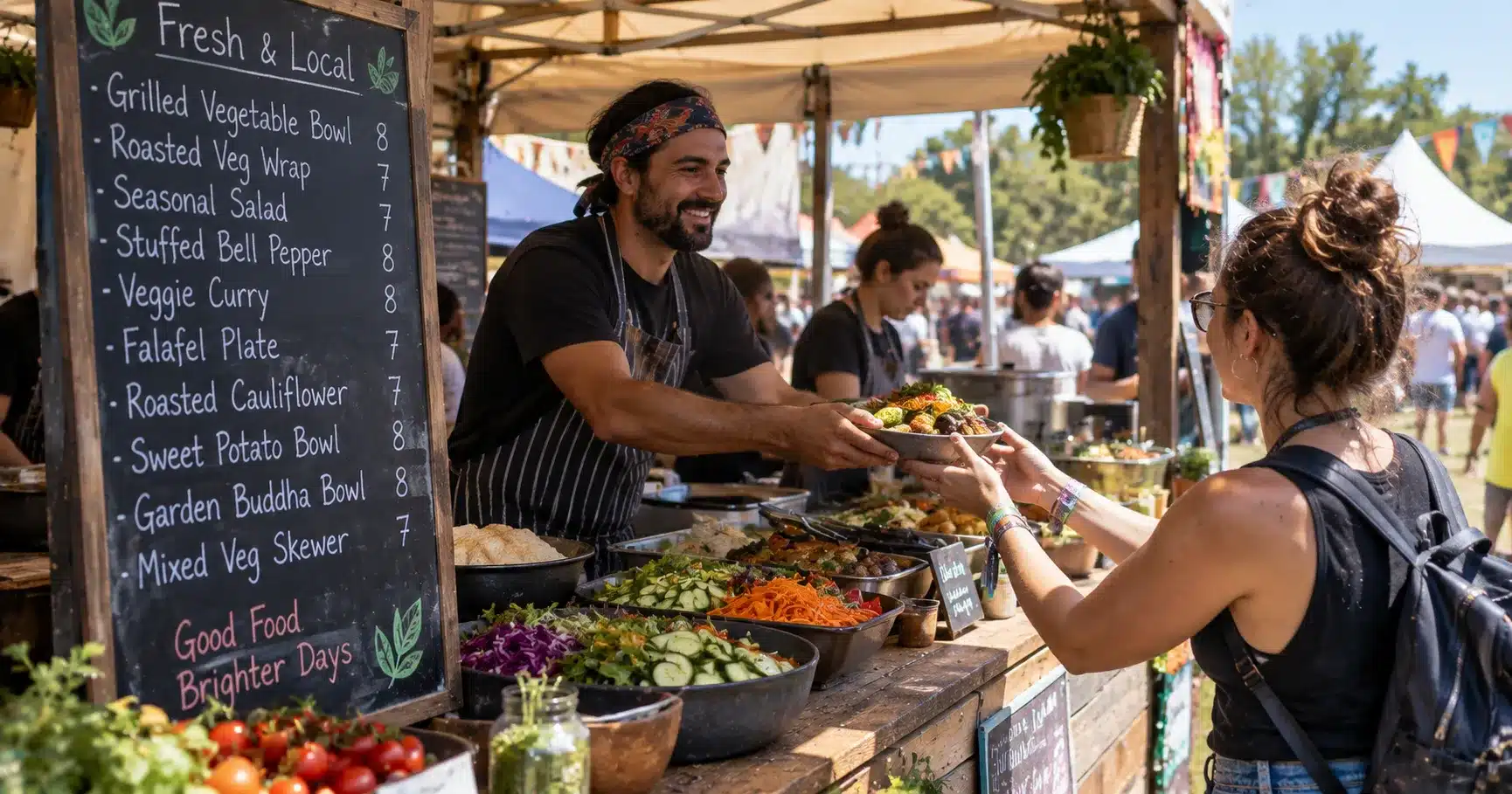 A festival food stall serving vegetable-forward dishes from a display counter