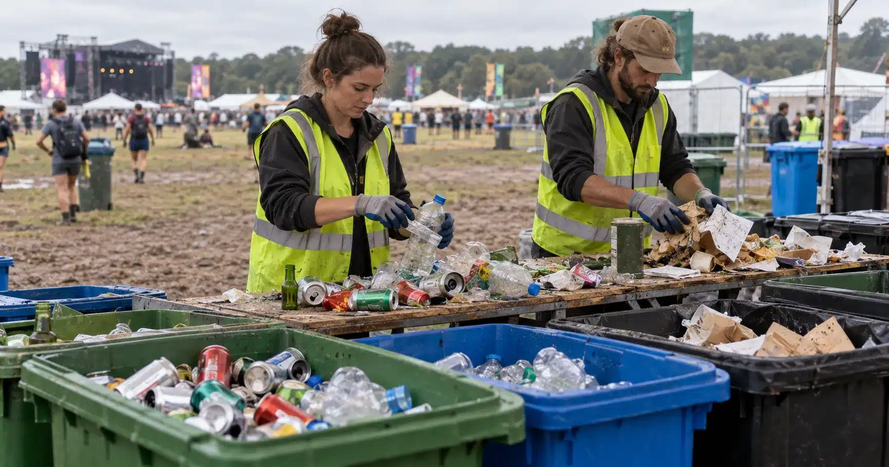 Workers sorting recyclables from general waste at a festival site