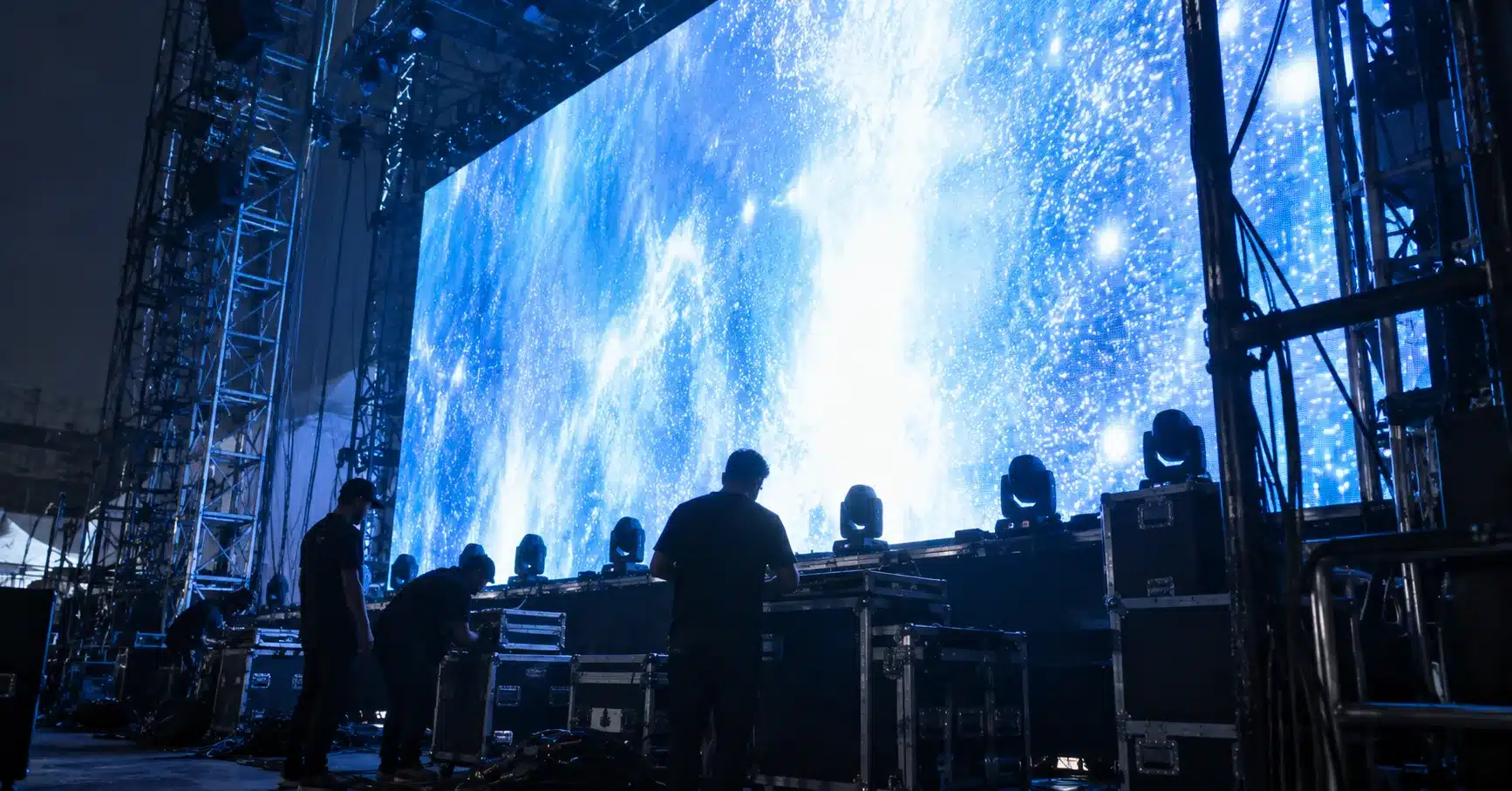 A festival stage LED wall glowing intensely blue-white at night