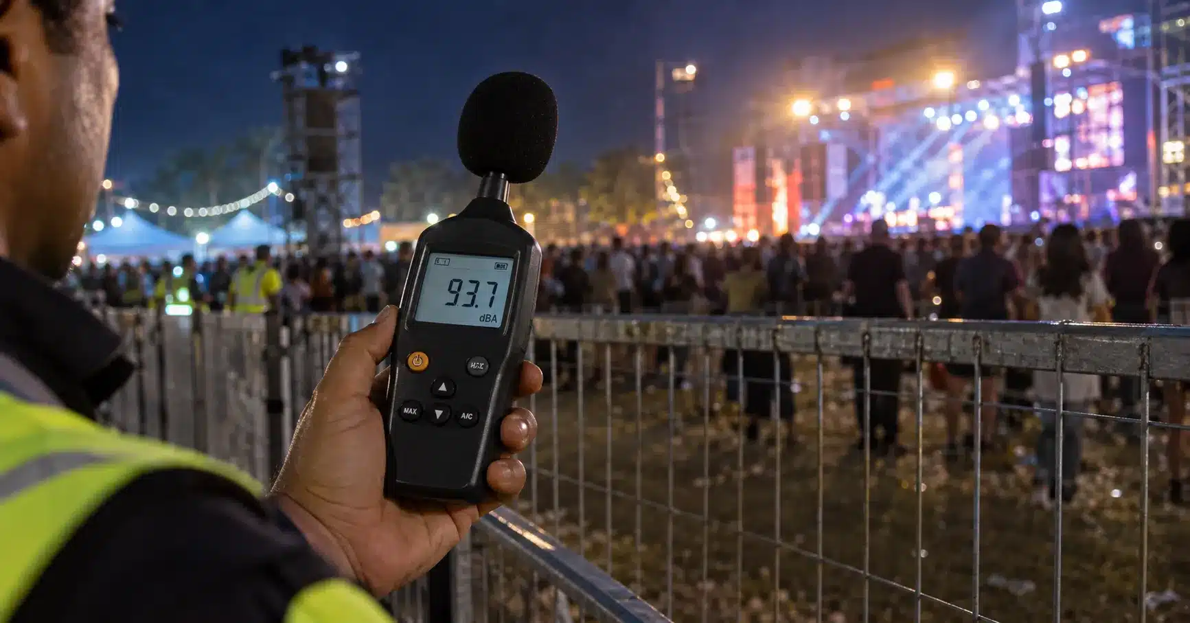 A crowd dancing outdoors at night wearing illuminated silent disco headphones