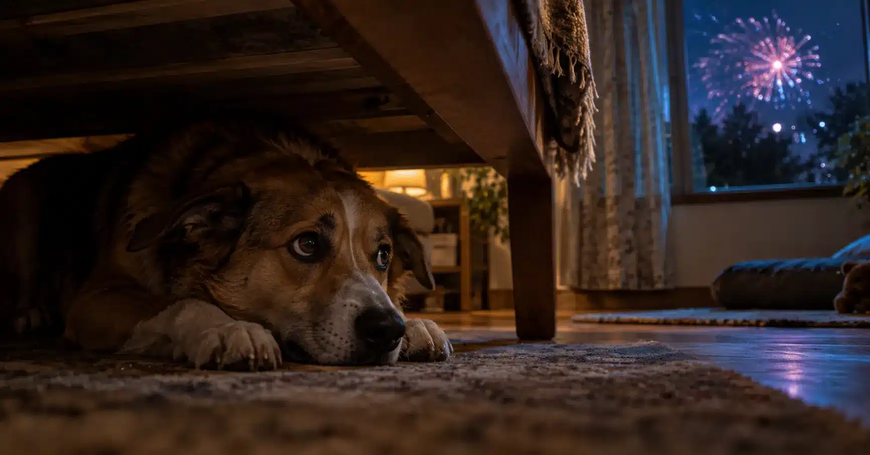 A dog hiding under furniture in fear as fireworks flash outside a window