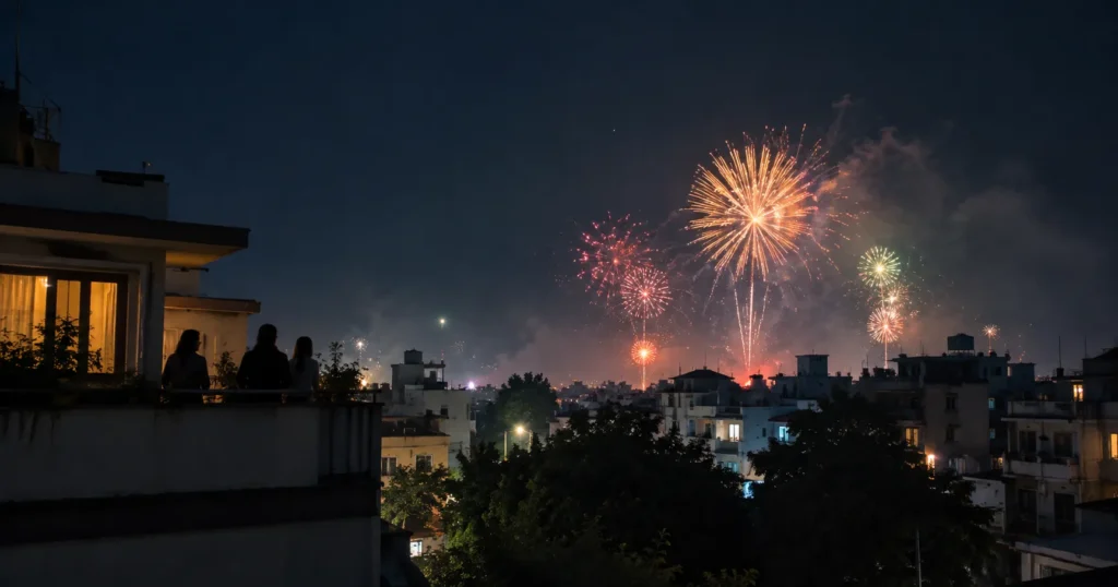 festival noise pollution : A fireworks display seen from a residential neighborhood street at night