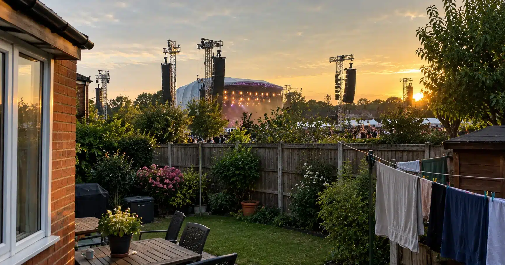 A festival stage and speaker towers visible over the fence of a nearby home