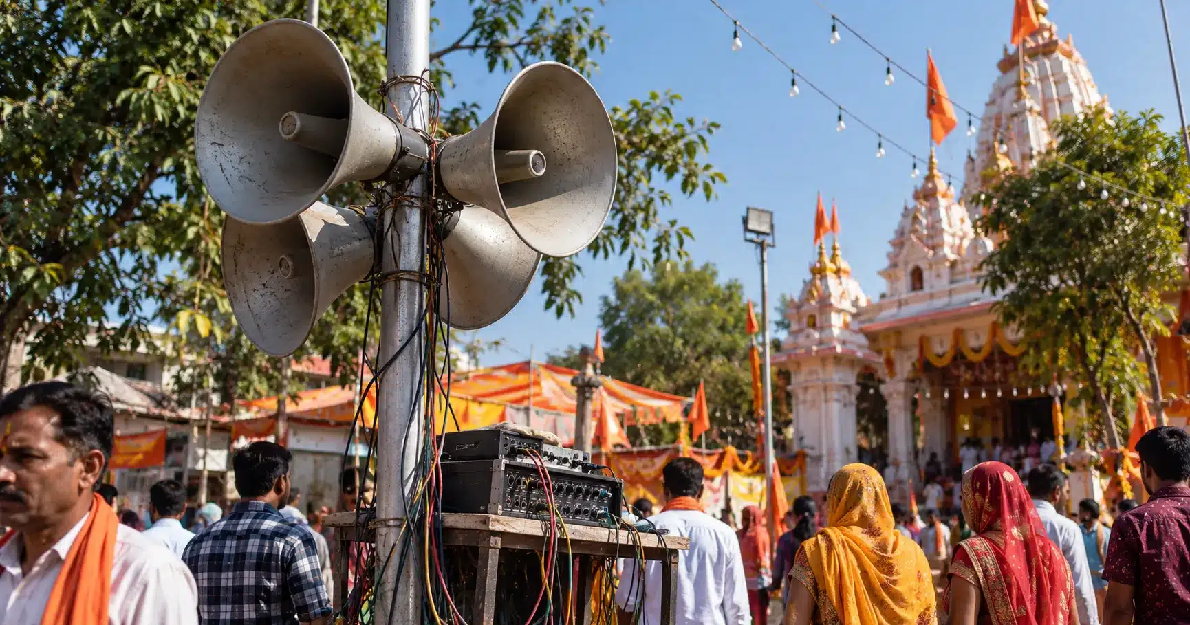 Loudspeakers mounted outside a temple during a religious procession