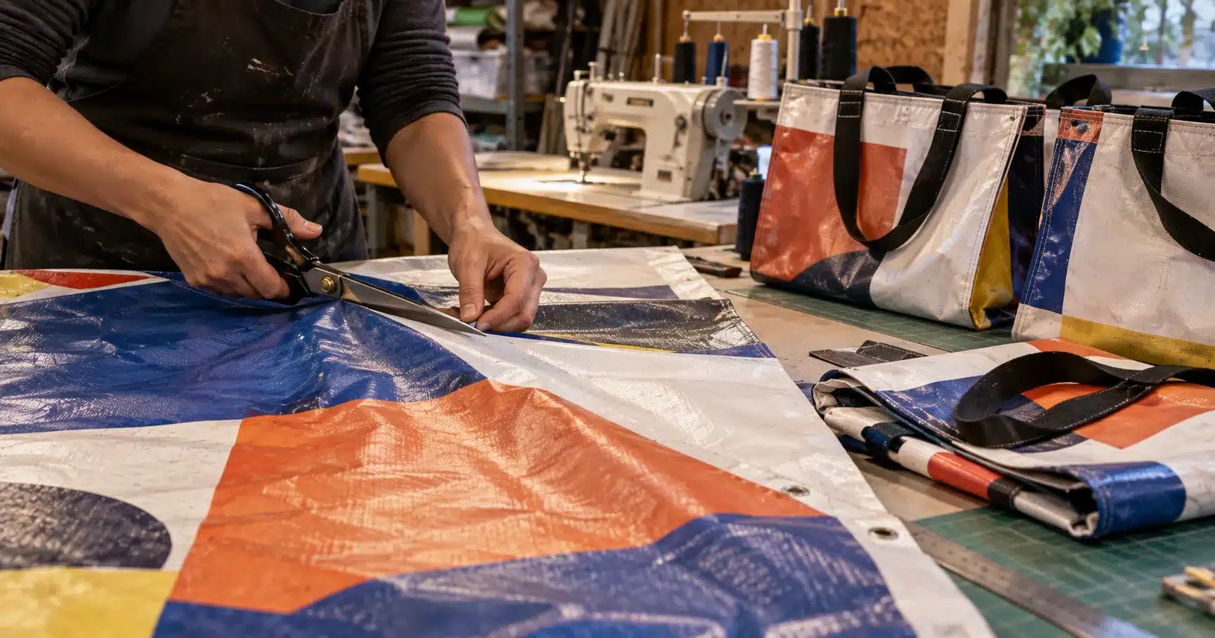 A vinyl festival banner being cut and repurposed into tote bags